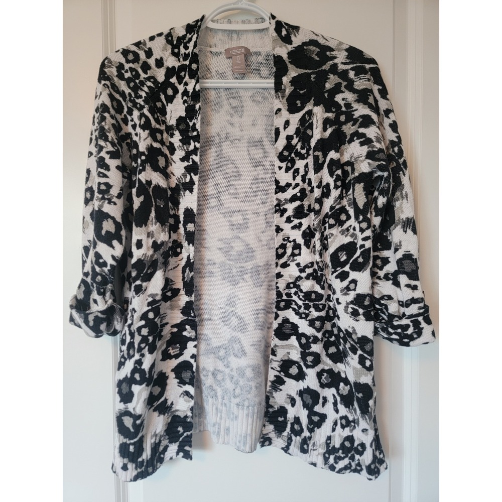 Chicos Cardigan Sweater Womens 0 Small Black White Leopard Linen Cotton Knit Tab